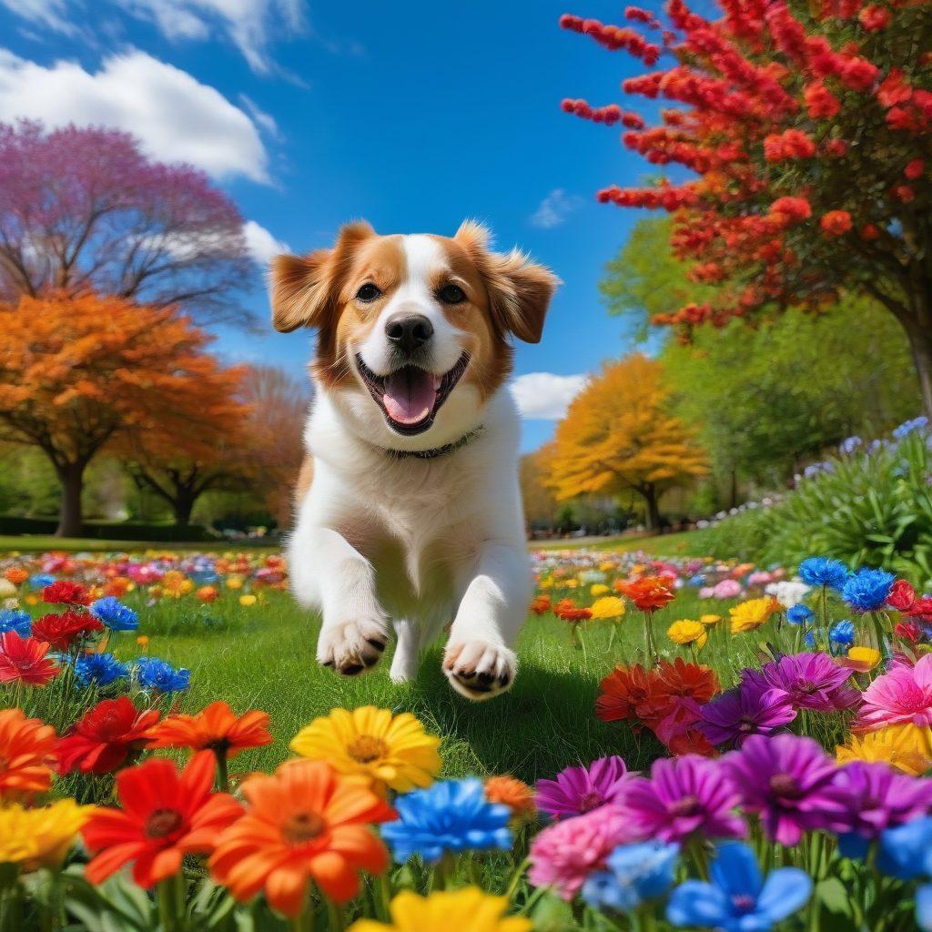 A joyful collage of various dog breeds in playful poses, showcasing their cuteness. Incorporate a vibrant park setting with colorful flowers and bright blue skies, illustrating the dogs interacting and having fun. Add elements like a photographer capturing these moments with a camera, and tips and tricks floating around in fun fonts. Emphasize warmth and playfulness throughout the image. vibrant colors. super-realistic.