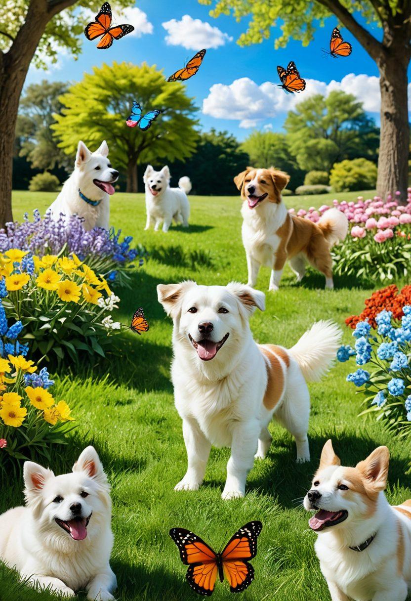 A collage of heartwarming moments featuring various adorable dog breeds playing together in a sunlit park, wagging tails and joyful expressions, interacting with their owners. Include vibrant colors of spring blooms around them, with a playful puppy chasing a butterfly in the foreground. The background should feature a bright blue sky and fluffy white clouds. hyper-realistic. vibrant colors. 3D.